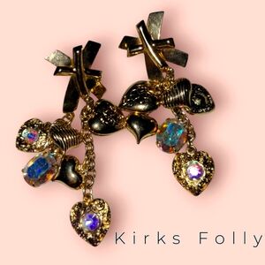 KIRKS FOLLY Gold Tone Hearts Crystal Dangle Post Earrings